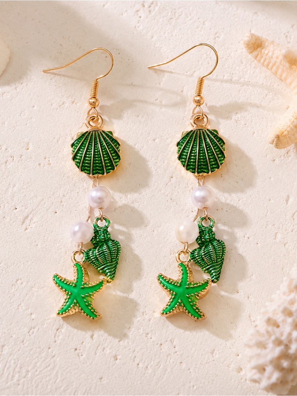 Gold Green Seashell & Starfish Drop Earrings with Pearls